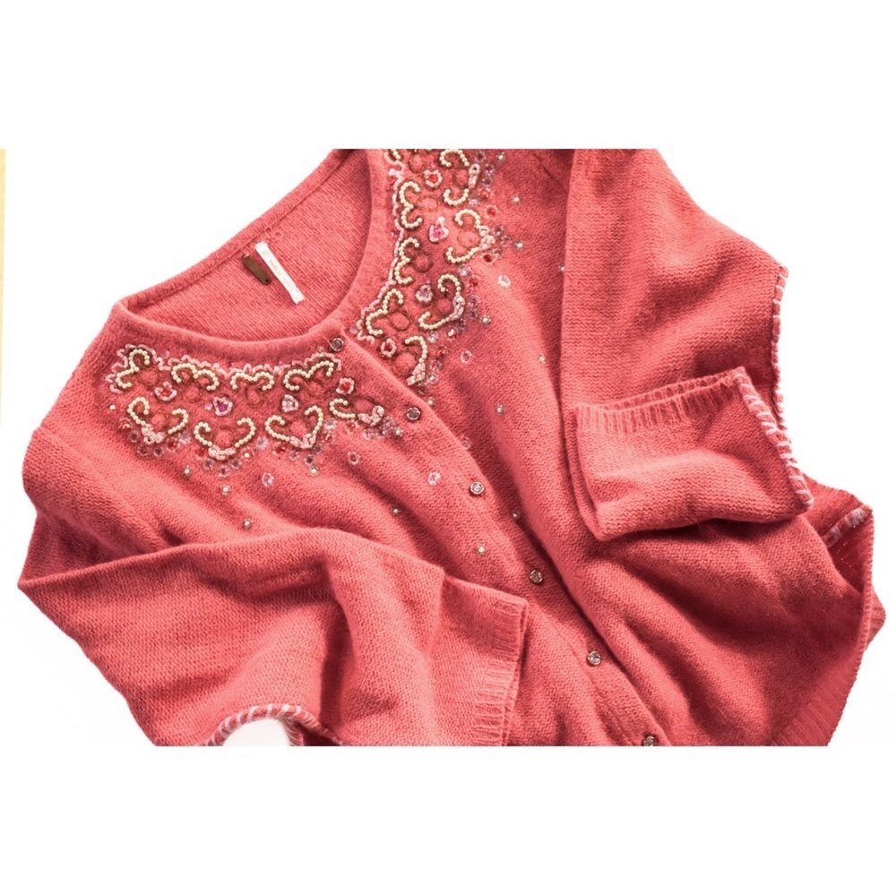 Vintage Free People Coral Wool & Angora Sweater with Beadwork Embroidery